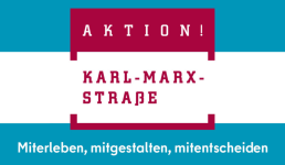 Logo der Aktion! Karl-Marx-Straße, in blau,rot und weiß. 