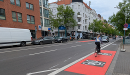 Fahrradweg auf einer Straße, Häußer im Hintergrund