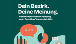 Grüner Hintergrund mit weißem Schriftzug: Dein Bezirk. Deine Meinung.