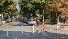 Fest installierte Poller auf einer Kopfsteinpflasterstraße mit Bäumen im Hintergrund