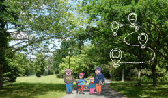 Grünfläche mit einem Weg, eine eingezeichnete Route mit 4 gezeichneten Personen