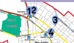 Karte von Nord-Neukölln auf denen vier Orte markiert sind