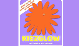 Flyer des Projekts KIEZGLOW, Lila Hintergrund mit gelben Schriftzug